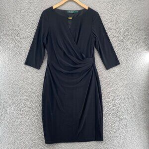 Lauren Ralph Lauren Dress Womens 10 Black Bodycon Draped 3/4 Sleeve Cut Out Knee